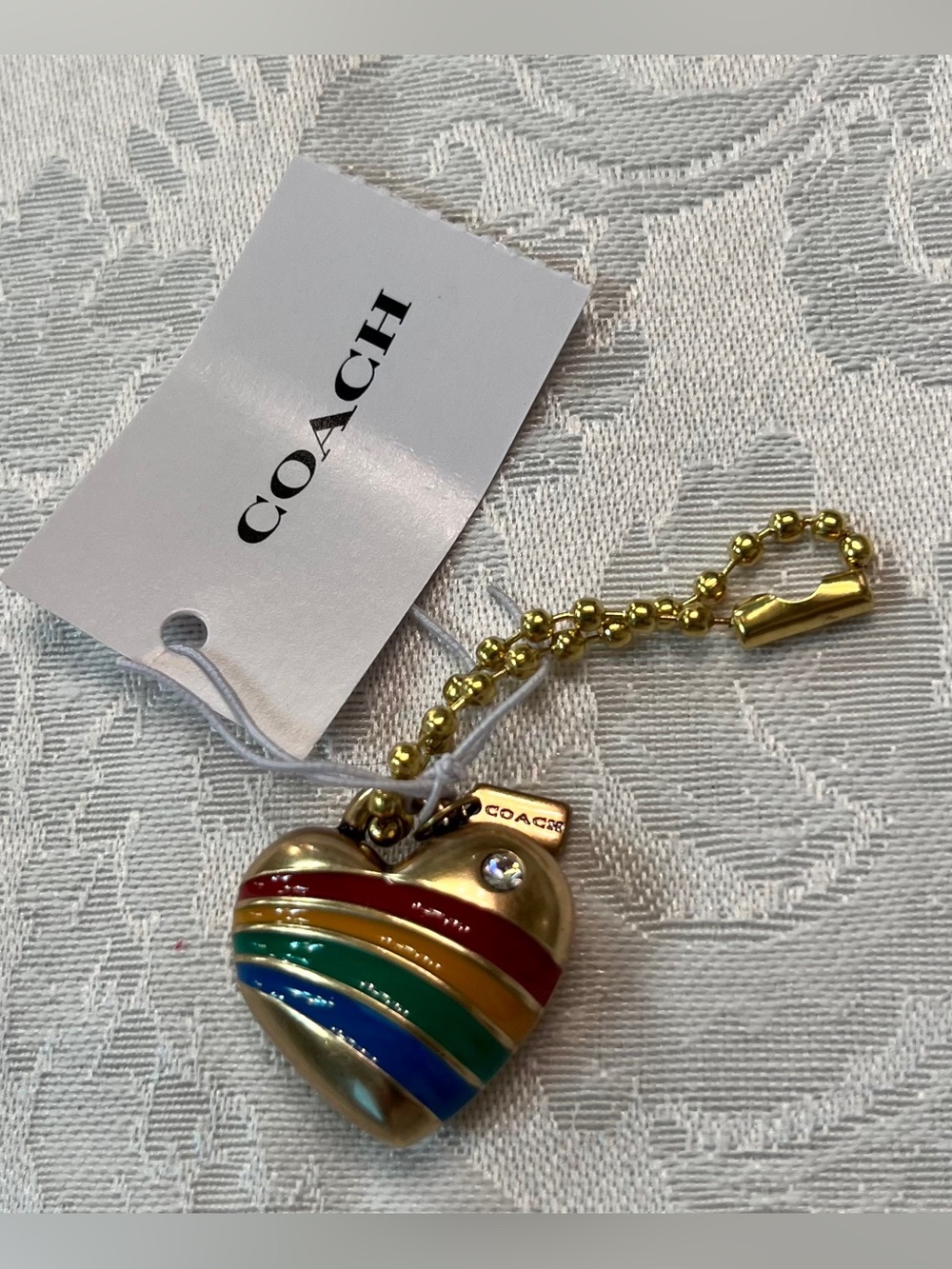 Coach Gold Heart Keychain Charm with Rainbow Enamel Stripes & Crystal Accent NWT